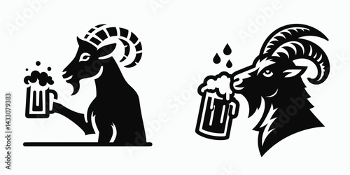 Goat drinking beer. Funny Animal Vector Clip art. Caprine savoring brew comical farm enjoys frothy beverage a rural moment.