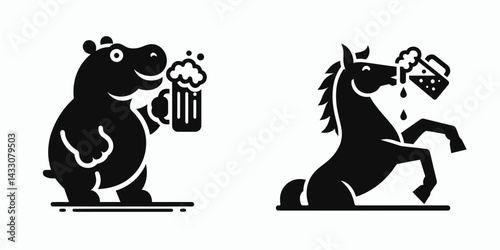 Hippo drinking beer. Funny Animal Vector Clip art. Pachyderm imbibing ale a comical scene of wildlife enjoying alcoholic beverage.