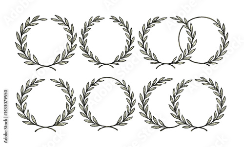 Elegant laurel wreath icons set – line style symbols for achievement, award, and prestige designs: laurel wreath, trophy, medal, ribbon, crown, certificate, shield.