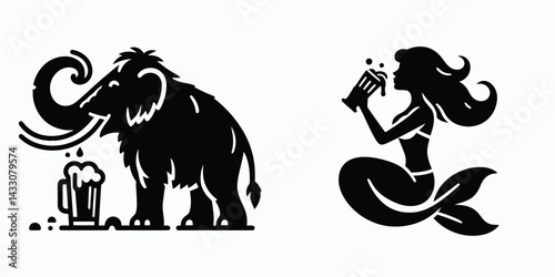 Mammoth drinking beer. Funny Animal Vector Clip art. Prehistoric elephant enjoys frothy brew a cool beverage for giant beast.