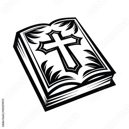 Black and White Open Book with Cross, Outlined Religious Icon, Holy Symbol