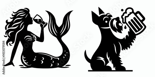 Mermaid drinking beer. Funny Animal Vector Clip art. Siren savoring ale underwater fantasy beverage imbibing oceanic elixir fun.