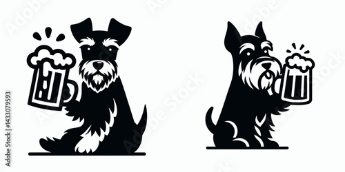 Miniature Schnauzer Dog drinking beer. Funny Animal Vector Clip art. Small canine enjoying ale domestic pet having a beverage.