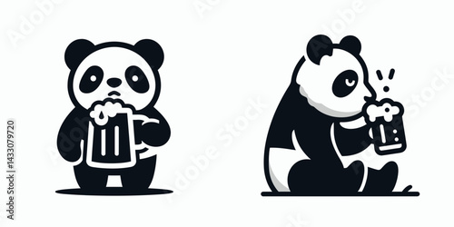 Panda drinking beer. Funny Animal Vector Clip art. Bear enjoying ale a humorous wildlife moment consuming liquor beverage.