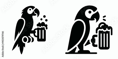 Parrot drinking beer. Funny Animal Vector Clip art. Avian pet imbibing lager beverage comical bird enjoying alcoholic drink.