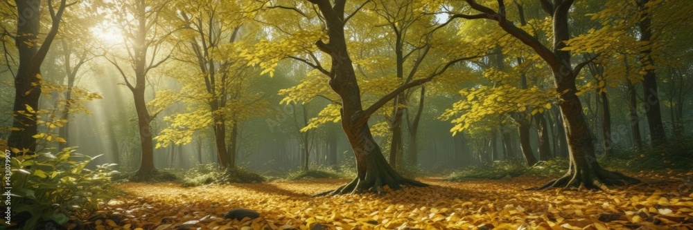 Fototapeta premium Golden leaves dappled sunlight, lush green undergrowth, brown, woods