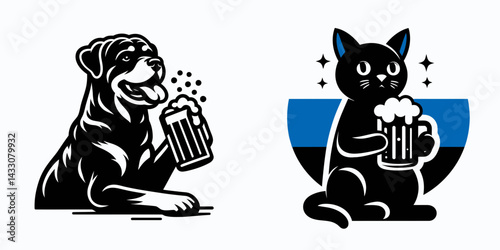 Rottweiler Dog drinking beer. Funny Animal Vector Clip art. Canine imbibing brew powerful pet enjoying beverage lager hound.
