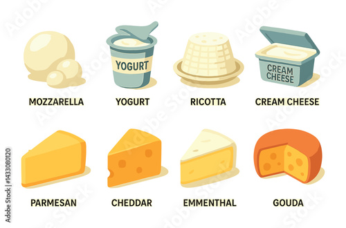 Cheese variety icons set - flat style dairy, food, and cuisine symbols for cooking: mozzarella, yogurt, ricotta, cream cheese, parmesan, cheddar, emmenthal, gouda.