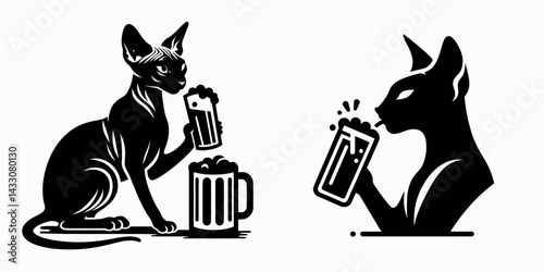 Sphynx Cat drinking beer. Funny Animal Vector Clip art. Hairless feline imbibing brew domestic pet enjoying alcoholic beverage.