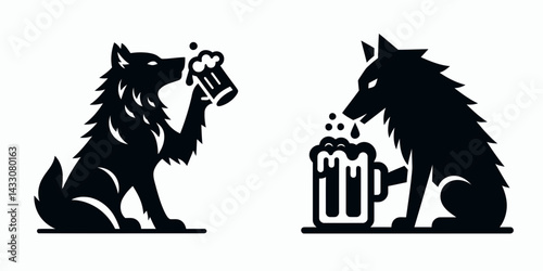 Wolf drinking beer. Funny Animal Vector Clip art. Canine enjoying lager a lupine gulping brew an untamed creature imbibing malt.