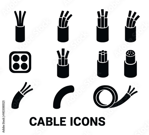 Electrical cable icons set – solid style wiring, electricity, and connection symbols for engineering: power cord, coaxial, fiber optic, ethernet, hdmi, usb, socket.