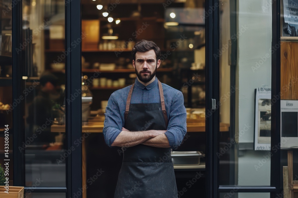 Small business owner in apron standing at café door Small business owner in apron standing at café door