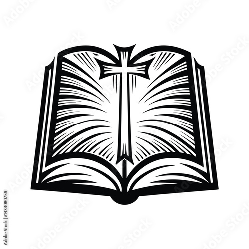 Black and White Open Book with Cross Silhouette, Detailed Pages, Religious Theme