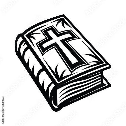 Black and White of Open Book Featuring a Bold Christian Cross Symbol