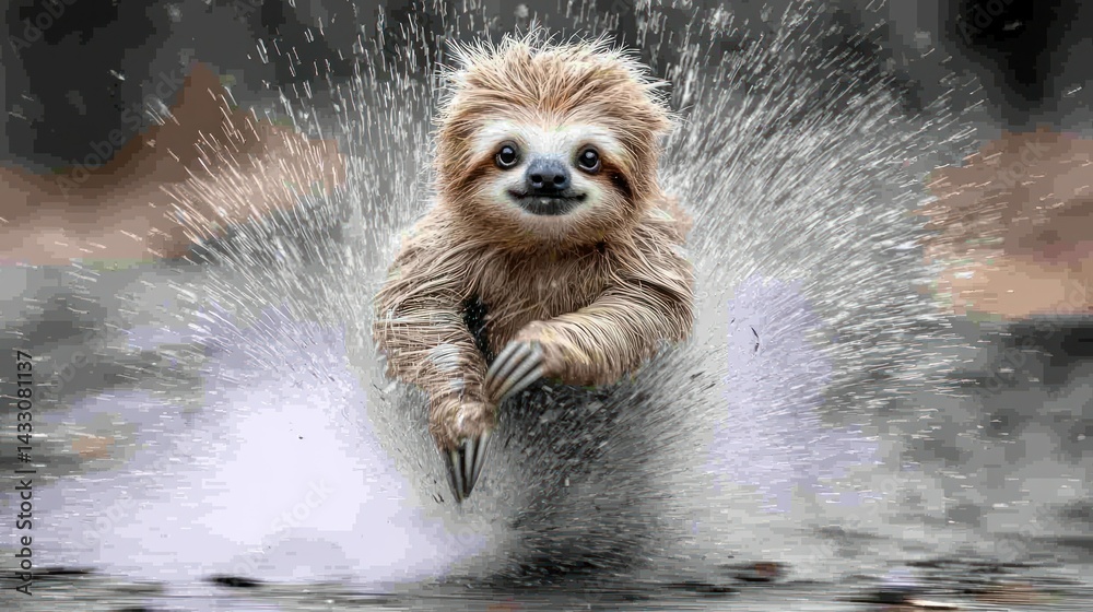 Obraz premium Playful Sloth Splashing in Water: A Charming Wildlife Moment