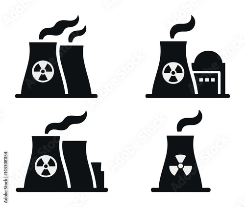 Nuclear power plant silhouette icons – solid style energy and industry symbols for environmental design: reactor, cooling tower, radiation, nuclear plant, factory icon