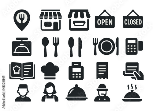 Restaurant and dining solid icons set – silhouette style for culinary, food service, and kitchen management: chef hat, menu, utensils, open sign, receipt, dish, server.