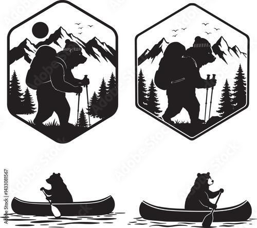 Bear Hiking Canoeing Backpack Silhouette Outdoor Adventure  