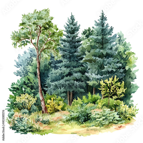 watercolor of Untouched Forest Glade, vector, isolated on a white background.