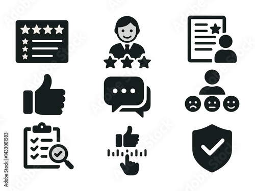 Customer feedback evaluation icons set – solid style review and rating symbols for business insights: star rating, user profile, thumbs up, chat bubble, survey, checklist, shield.