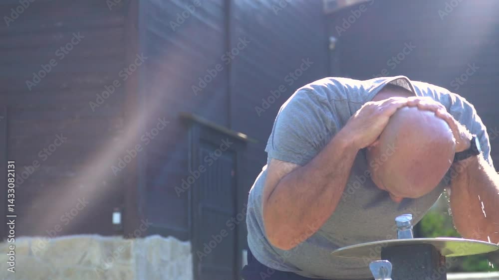 Slow motion. A man refreshes himself with fresh water in a fountain on a hot summer day in the park