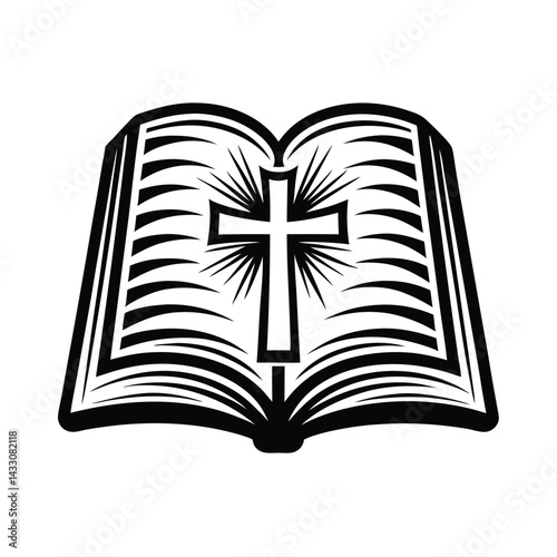 Silhouette Open Book with Christian Cross and Light Rays, Black and White Outline