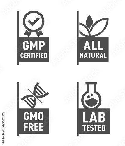 GMO free, Lab tested, GMP certified, Natural ingredients. in monochrome style