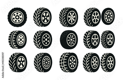 Automobile wheels icon set – silhouette style car tyres, rims, and automotive symbols for repair: tire tread, car rim, wheel, hubcap, vehicle, traction, spare tire.