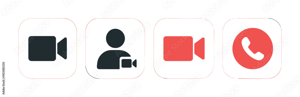 Communication and video call icon set – flat style digital interaction, online chat, and virtual meeting symbols: video camera, user, phone, microphone, chat bubble, screen.