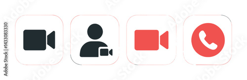 Obraz na płótnie Communication and video call icon set – flat style digital interaction, online chat, and virtual meeting symbols: video camera, user, phone, microphone, chat bubble, screen. w salonie