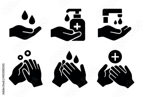 Hygiene and sanitation solid icons set – filled style health, safety, and cleanliness symbols for public awareness: handwashing, sanitizer, soap bubbles, water tap, healthcare.