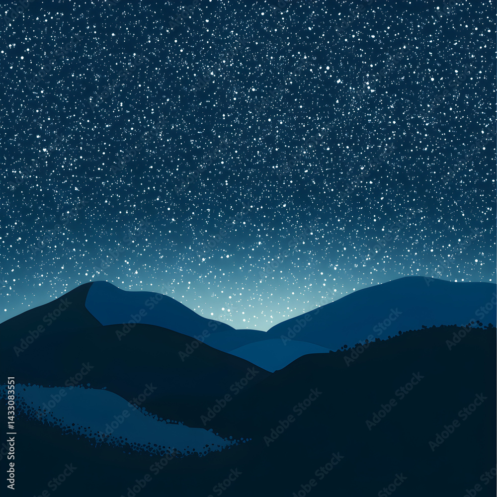 Obraz premium Celestial Peaks: Under the cloak of night, silhouettes of majestic mountains stand in quiet majesty, adorned by a sky brimming with radiant stars. Capturing serenity, peace, and vastness.