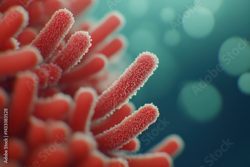 Microscopic view of rod-shaped red bacteria on blurred background photo