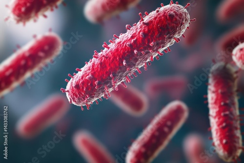 Microscopic view of rod-shaped red bacteria on blurred background photo