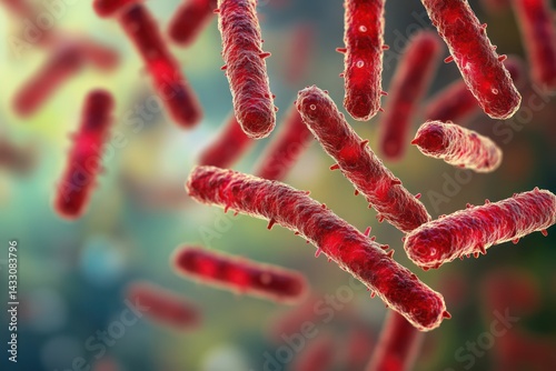Microscopic view of rod-shaped red bacteria on blurred background photo