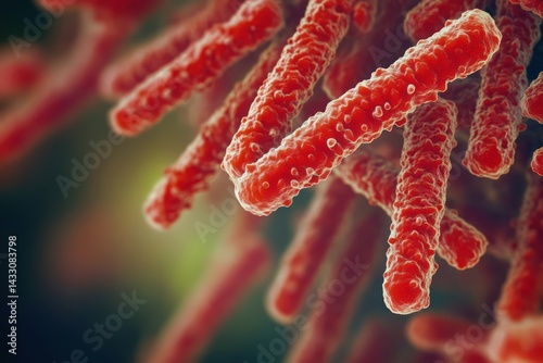 Microscopic view of rod-shaped red bacteria on blurred background photo