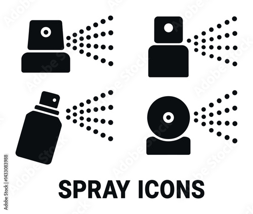 Spray and aerosol icon set – solid style hygiene, beauty, and cleaning symbols for effective branding: perfume, air freshener, spray bottle, deodorant, disinfectant.