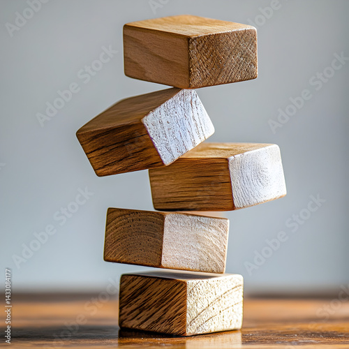 Wooden Blocks in Balance: A dynamic composition showcases wooden blocks suspended mid-air, highlighting concepts of equilibrium, creativity, and minimalist design.