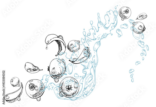 Cranberry lingonberry flying in water splash with green leaves and drops, vector hand drawn in ink, ripe summer forest berry. Isolated illustration, for restaurant, cafe menu, wedding, farmers market