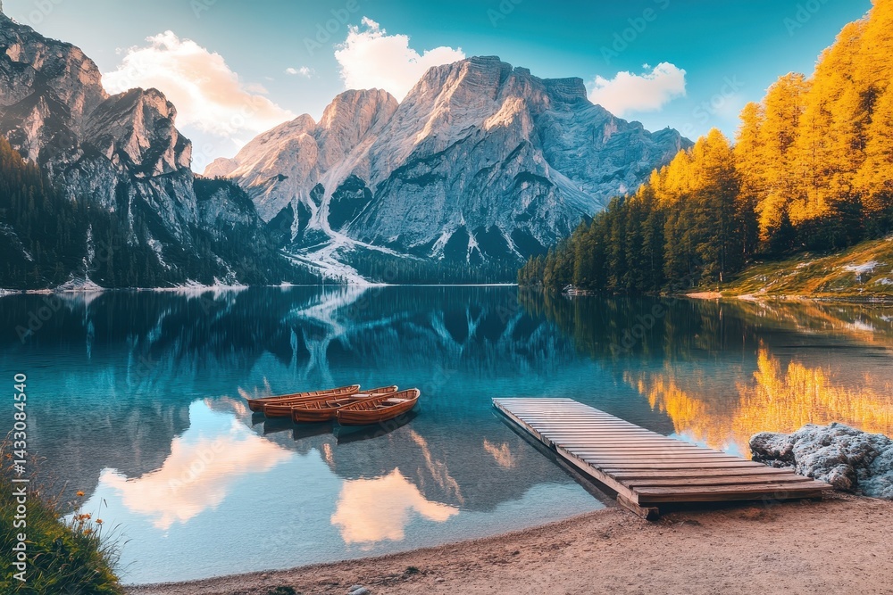 Obraz premium Picturesque alpine lake with wooden dock and reflections.