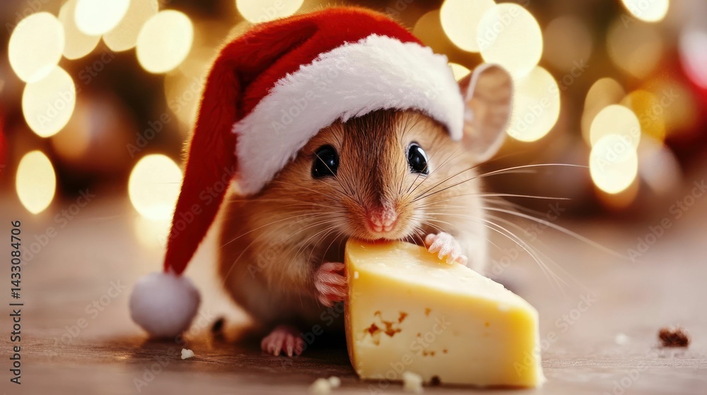 Fototapeta premium Mouse wears Santa hat, holds cheese, appears festive against blurred warm lights, embodying cheer.