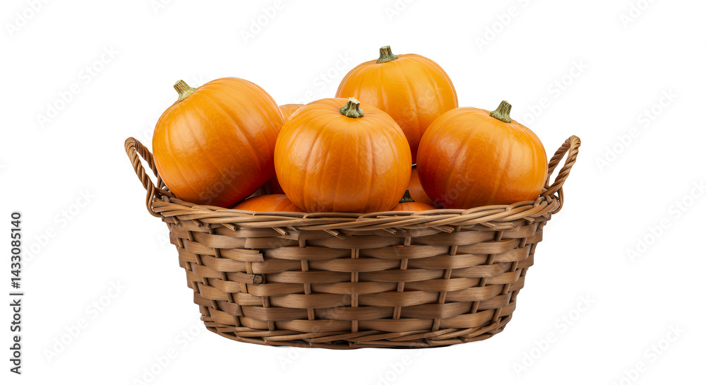 Obraz premium Group of small, orange pumpkins sits in a light brown woven basket against a plain background.