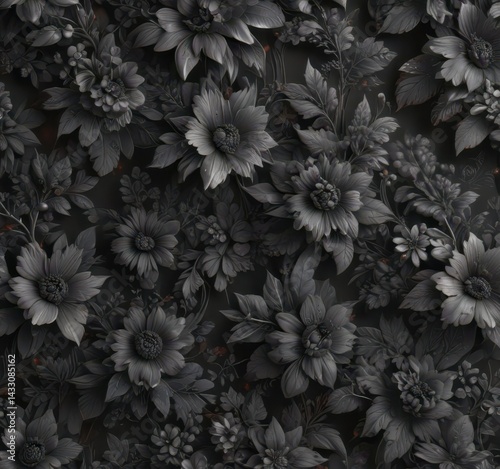 Intricate charcoal floral wallpaper, rich texture, elegant style, dark floral, modern