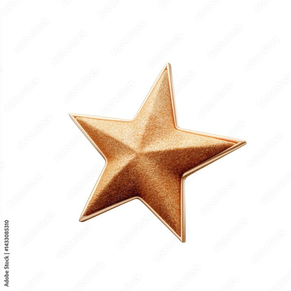 A shiny, golden star with a three-dimensional appearance, reflecting light and showcasing its textured surface. A shiny, golden star with a three-dimensional appearance, reflecting light and showcasing its textured surface.