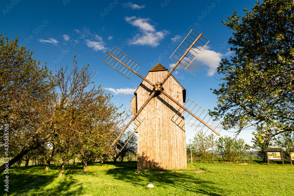 springtime view of traditional windmill in south moravian countryside..