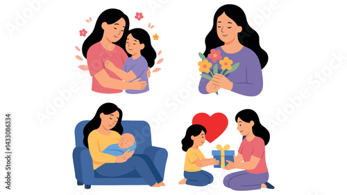 Happy Mother’s Day Illustration with Mother and Daughter Love, Women’s Bond, Family Moments, Emotional Greeting Art and Floral Accents