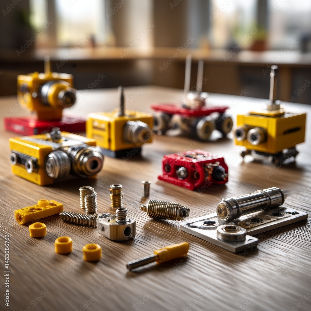 Robot Toy Parts: Colorful Mechanical Components on a Wooden Table in Natural Light. Robot Toy Parts: Colorful Mechanical Components on a Wooden Table in Natural Light.