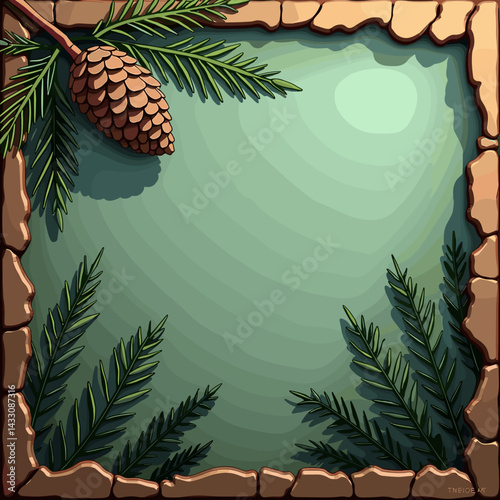Pine cone with green foliage on textured background