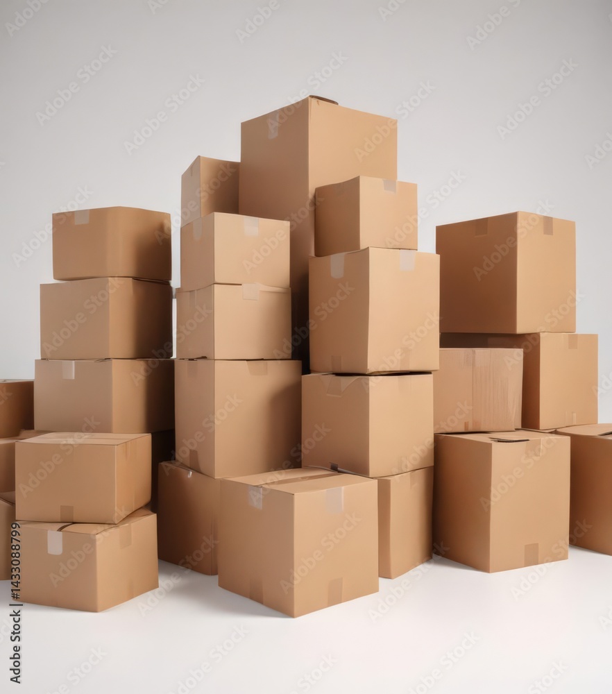 Several empty brown cardboard boxes against white backdrop , clean, waste Several empty brown cardboard boxes against white backdrop , clean, waste