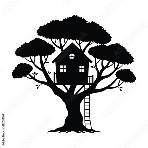 treehouse built on a strong old tree silhouette vector design art and illustration 